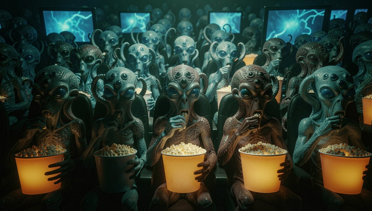 Rows of alien viewers with glowing popcorn buckets