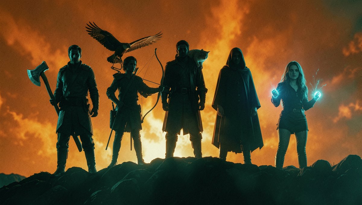 Hero silhouettes against a burning sky