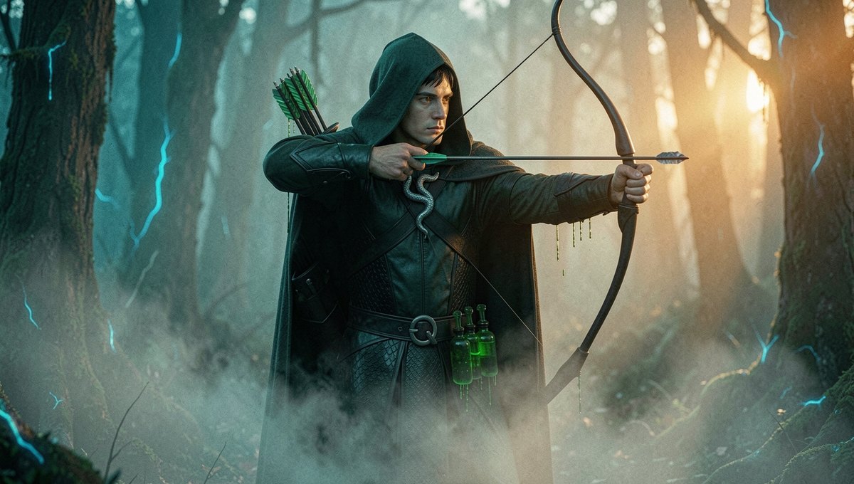 Jake drawing his bow in a misty forest