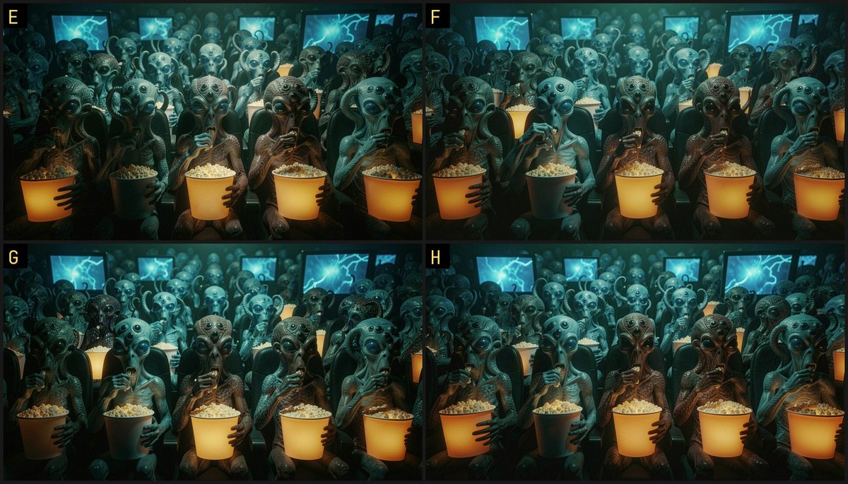 Review sheet with four candidate stills of the alien audience