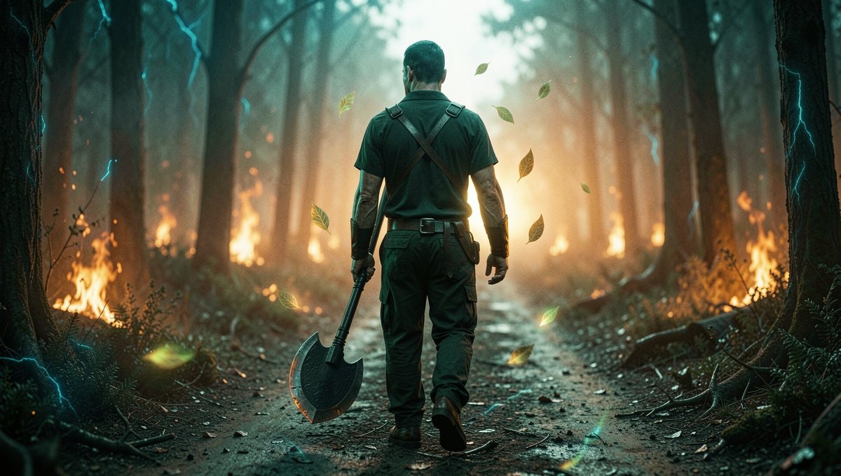 Zac walking through a burning forest, carrying his axe low in his hand