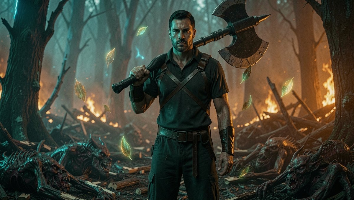 Zac with his axe in a burning forest